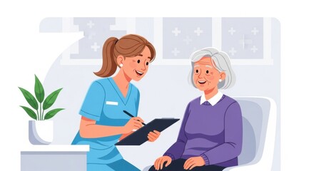 Healthcare Nurse Consulting Elderly Woman in Medical Office with Digital Tablet