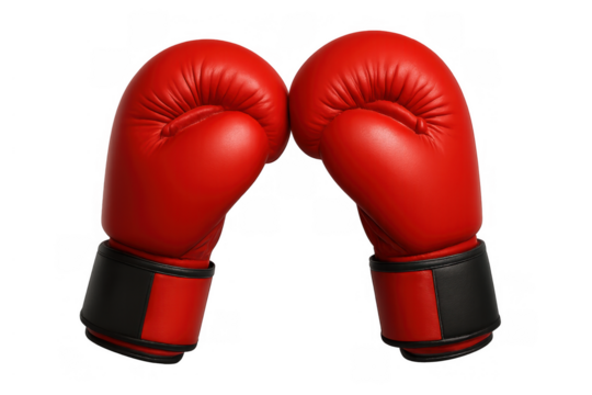 Pair of red boxing gloves clashing together, symbolizing sport, competition, challenge, and fighting spirit on transparent background