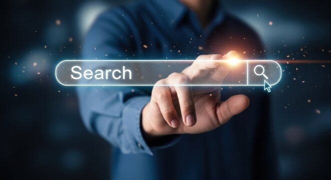 A man in a blue shirt is holding a search bar with the word 'Search' in it, and a cursor is hovering over the search bar.