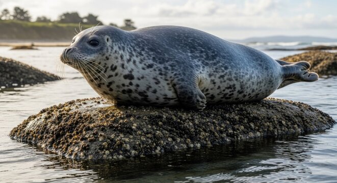 A harbor seal resting on a rock in the ocean with a sandy beach and waves in the background.
