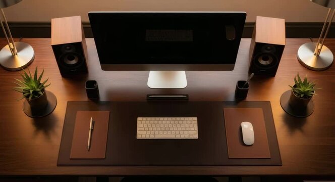 Modern workspace with computer, keyboard, mouse and speakers on desk