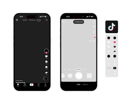 TikTok mobile app screen mockup. Vector template featuring social media interface elements, icons, and smartphone page layout