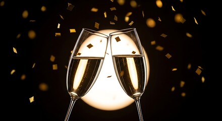 Celebratory Cheers with Sparkling Wine Glasses and Festive Confetti Under Bright Background