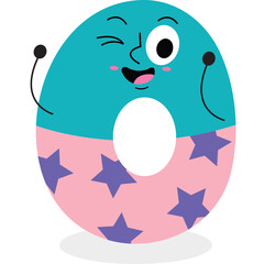 Cute Teal and Pink Cartoon Number Zero Character Winking and Waving Arms on Transparent Background