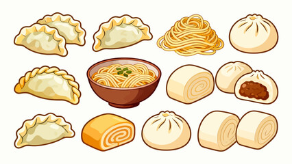 A collection of noodle delicacies, cartoon hand-drawn vector illustrations, dumplings, noodles, shumai, steamed buns, mantou, and bread