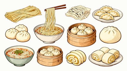 A collection of noodle delicacies, cartoon hand-drawn vector illustrations, dumplings, noodles, shumai, steamed buns, mantou, and bread