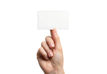 Hand holding a blank white rectangular card with rounded corners isolated on a transparent background 1