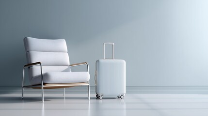 Modern Suitcase and Cozy Lounge Chair in Minimalist Airport Waiting Area