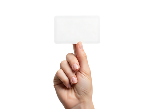 Hand holding a blank white rectangular card with rounded corners isolated on a transparent background 1