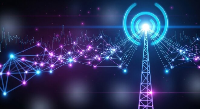 A vibrant, futuristic cityscape with a glowing blue and purple neon tower and network of connected lines and dots against a dark, starry sky backdrop.