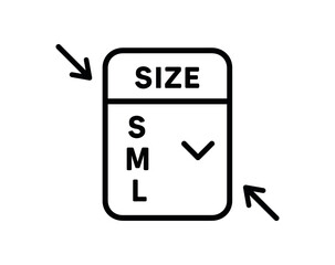 Size selection dropdown menu black silhouette with label and arrow line accents flat shop form element
