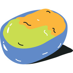 A Simple Cartoon Illustration of a Blue Bowl Filled with Green and Orange Food Items on a Transparent Background with a Dark Shadow