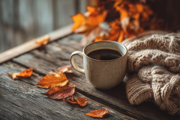 Cozy autumn scene with a warm cup of coffee, knitted sweater, and dried leaves on rustic wood, capturing the calm, comfort, and nostalgic warmth of fall mornings