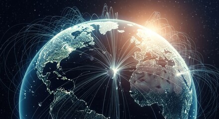 A globe with a network of lines and points representing global connections against a dark background.