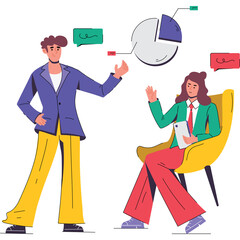 Business Meeting With Data Analysis And Chart Presentation On Transparent Background Two Professionals Discussing Strategy And Progress In A Modern Office Setting With Colorful Outfits