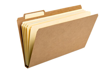 An open brown expanding accordion file folder with multiple dividers for organizing documents and paperwork, isolated on a clean white background