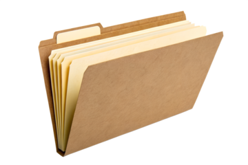 An open brown expanding accordion file folder with multiple dividers for organizing documents and paperwork, isolated on a clean white background