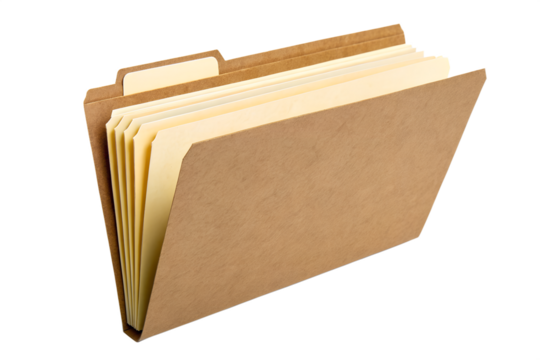 An open brown expanding accordion file folder with multiple dividers for organizing documents and paperwork, isolated on a clean white background
