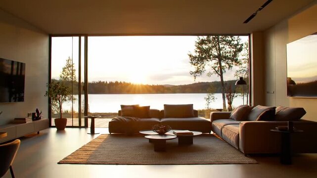 Luxurious living room interior with lake view at sunset, used for real estate promotion