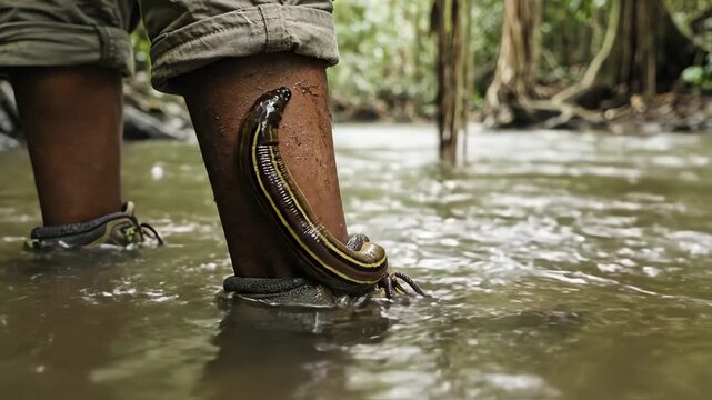 A leech attached to a leg in murky water outdoors