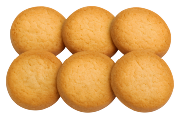 Six plain golden round cookies arranged in two rows