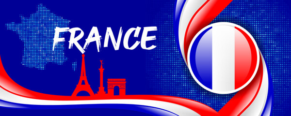 France Flag with Map and Famous Landmarks in Blue, White, and Red Abstract Background