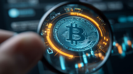 Bitcoin magnified under digital scrutiny symbolizing cryptocurrency analysis, financial transparency and the search for opportunities and risks in the decentralized blockchain economy.
