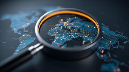 Magnifying glass focusing on a connected world map symbolizing global data analysis, logistics planning and international business strategy across borders.