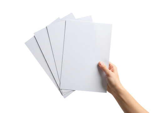 Hand holding a fan of blank white paper sheets isolated on a transparent background image