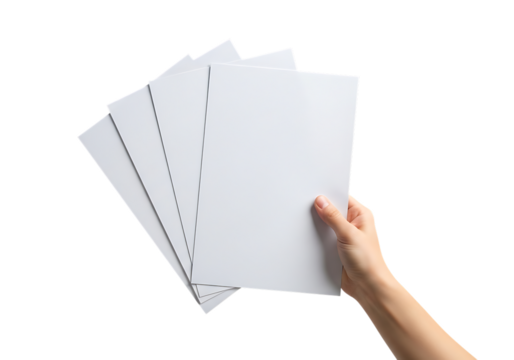 Hand holding a fan of blank white paper sheets isolated on a transparent background image - Powered by Adobe