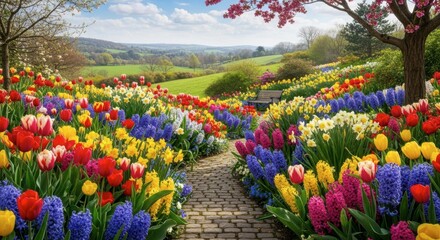 Pathway through a colorful garden with tulips, hyacinths, and blossoming trees