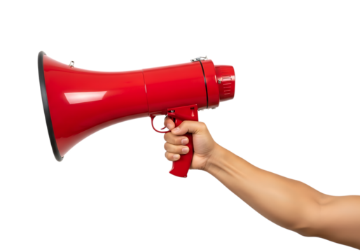 Hand holding a bright red megaphone with a black rim and speaker against a dark background isolated on a transparent background