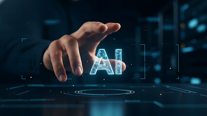 Hand Reaching Towards Futuristic Holographic Intelligent Text