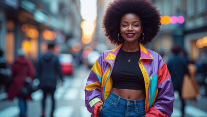 Stylish woman with afro smiling on a city street, wearing a colorful jacket