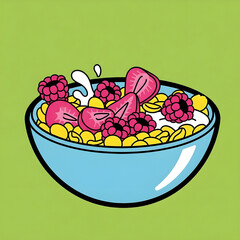 Vibrant bowl of cereal topped with fresh strawberries and raspberries splashing milk