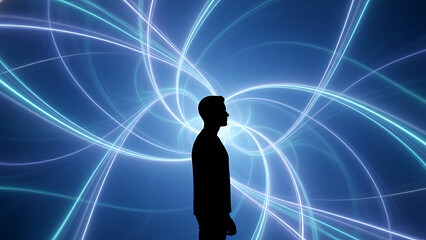 Man Silhouette Against Abstract Swirling Blue Energy Lines
