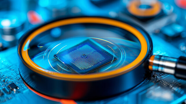 Precise electronic component inspection illustrated by a magnifying glass revealing a microchip on a circuit board, symbolizing semiconductor quality control, reliability testing 