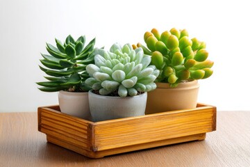 Three diverse potted succulents arranged in a rustic wooden planter on a wooden surface