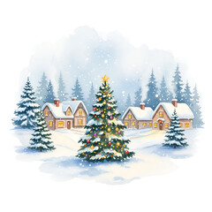 Cozy Snowy Christmas Village Landscape Illustration, Winter Holiday Scene with Houses and Pine Trees, Watercolor Style Winter Landscape with Christmas Lights, Festive Snowy Scene with Decorated Trees,