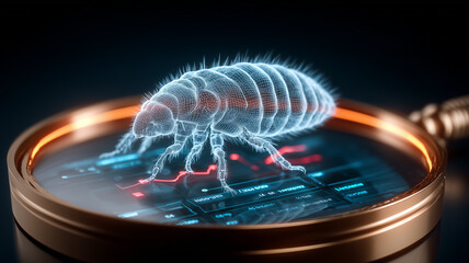 Cyber threat research concept showing a holographic mite enlarged under a magnifying glass above digital data panels, symbolizing microscopic analysis of vulnerabilities, malware risks