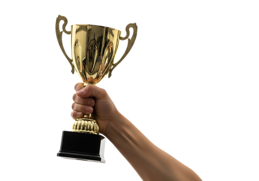 Hand holding a gleaming golden trophy with ornate handles and a black base isolated on a transparent background