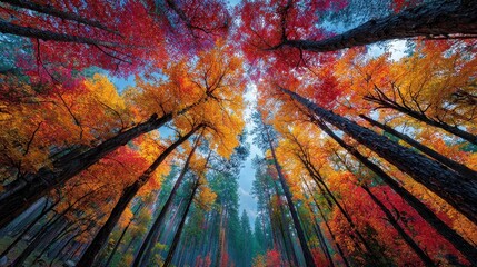 Looking up at vibrant autumn trees reaching for a blue sky in a scenic forest