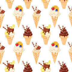 Seamless pattern of ice cream cone in cartoon. Fruit and chocolate topping on white background for desert cafe package.