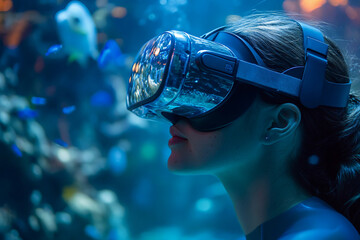 Woman exploring digital world in vr headset with colorful augmented visuals, generative AI