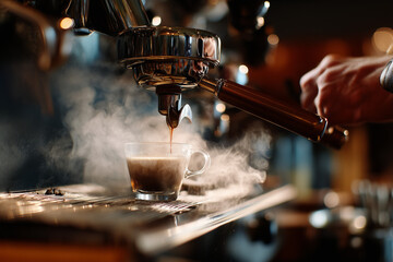 Rich, steaming espresso flowing from a professional machine into a glass cup, capturing the craft, aroma, and warmth of authentic barista coffee-making