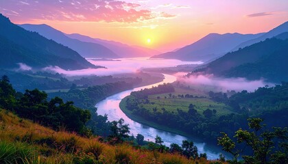A breathtaking sunrise illuminates a misty mountain valley, with a winding river flowing through lush green fields and forested slopes.