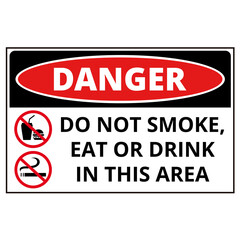 Danger do not smoke, eat or drink in this area sign with on a white background