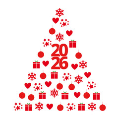 A christmas tree made with different ornaments and 2026 number on a white background