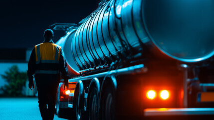 Logistics worker in safety vest inspecting tanker truck at night warehouse. Industrial transport supervisor controlling hazardous materials delivery. Blue illuminated cargo vehicle at distribution hub