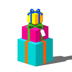 Fototapeta premium Stacked Geometric Gift Boxes Illustration, Colorful Blue Green and Pink Presents Tower, Abstract Cuboid Gift Boxes Vector Graphic, Simple Stacked Christmas Gifts Design, Modern Geometric Present Displ